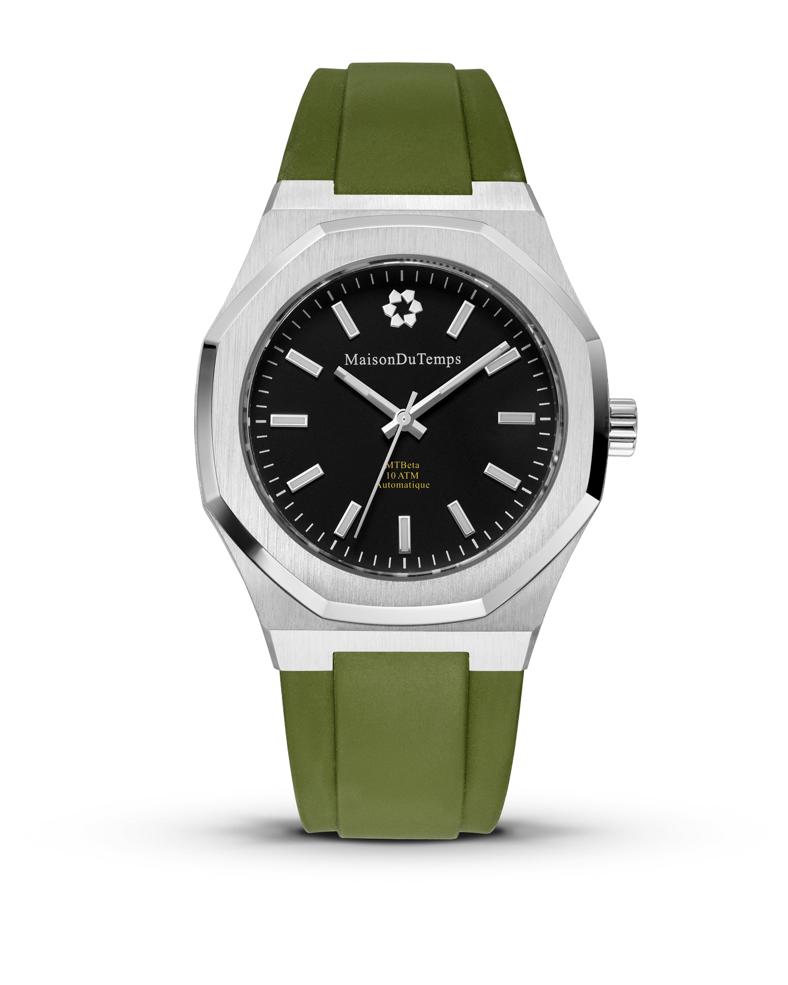 MTBeta automatic watch Black dial steel bezel green strap